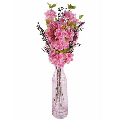 Leaf Artificial 100Cm Artificial Blossom And Berries Glass Vase Pink