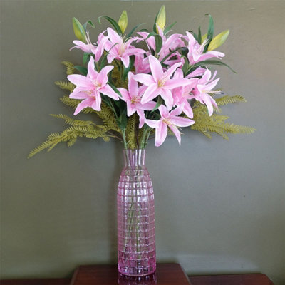 Leaf Artificial 100Cm Pink Lily And Fern Display Glass Vase from B&Q