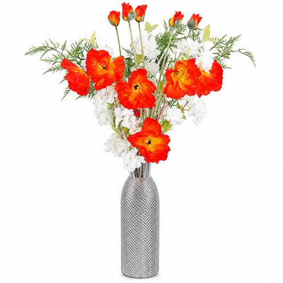 Leaf Artificial 100Cm Poppy And Blossom Arrangement Glass Vase White