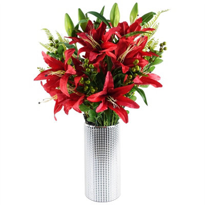 Leaf Red Lily Artificial Flower - 70cm - Silver Vase - Image 8
