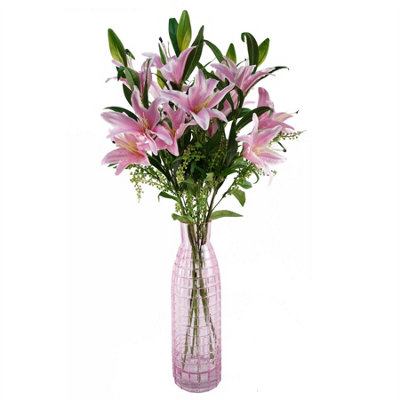 B&Q -  100Cm Artificial Pink Lily Flower Arrangement Glass Vase