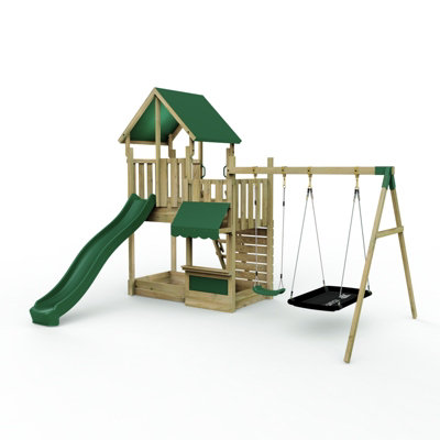 B&Q -  Modular Wooden  Garden Climbing Frame Adventure Playset For KidsM3 Plus Shop & Double Swing
