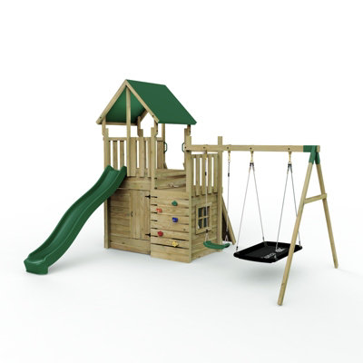 B&Q -  Modular Wooden Garden Climbing Frame Adventure Playset For KidsM8 Plus Ramp & Double Swing