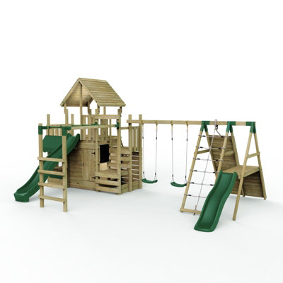 Rebo Modular Wooden Garden Climbing Frame Playset For KidsM27 Double SwingMonkey Bars & Den from B&Q
