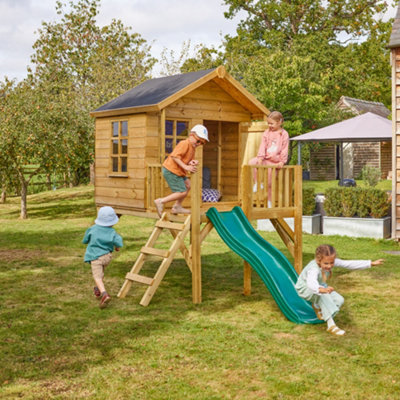 B&Q -  5Ft X 5Ft Childrens Wooden Garden Playhouse On Deck + 6Ft SlidePheasant Green