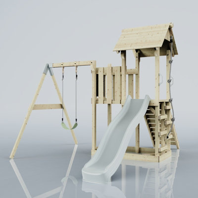 Rebo Polarplay Balcony Tower Kids Wooden Climbing Frame With Swing And Slide - Swing Bjorn Mist