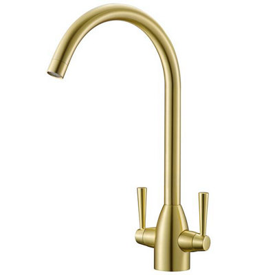 B&Q -  W05Bg Brushed Gold Swan Neck Monobloc Twin Lever Kitchen Mixer Tap