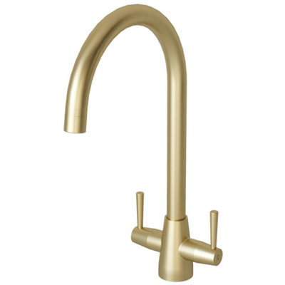 Liquida Lu409Br Brushed Brass Swan Neck Twin Lever Kitchen Mixer Tap from B&Q
