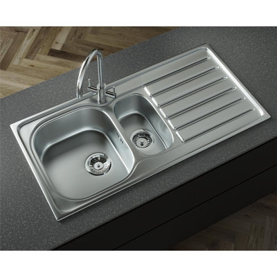 B&Q -  Nr150Ss 1.5 Bowl Reversible Stainless Steel Kitchen Sink 1000 X 500mm