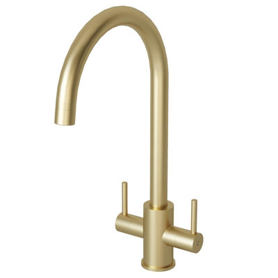 Liquida Ad399Br Brushed Brass Swan Neck Twin Lever Kitchen Mixer Tap from B&Q