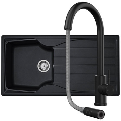 B&Q -  Cmp10Bl 1.0 Bowl Reversible Black Kitchen Sink And Pull Out Ct453Mb Tap