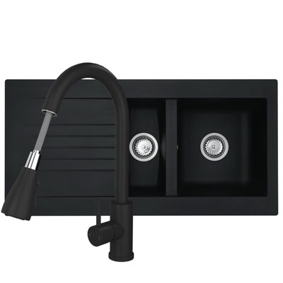 B&Q -  Kav150Bl 1.5 Bowl Composite Black Kitchen Sink And Kpo11Mb Tap