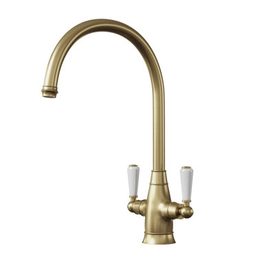Liquida Os53Br Brushed Brass Swan Neck Twin Lever Traditional Kitchen Mixer Tap from B&Q