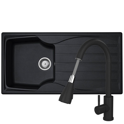 B&Q -  Cmp10Bl 1.0 Bowl Reversible Black Kitchen Sink And Kpo11Mb Black Tap