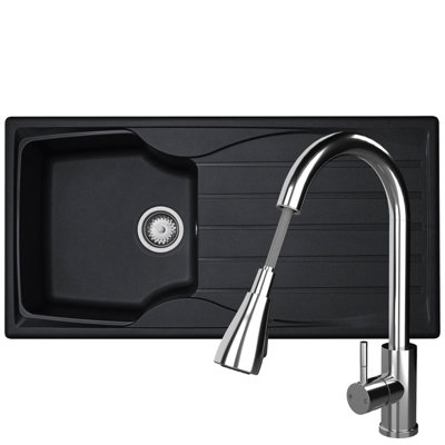 Liquida Black Cmp10bl Bowl Reversible Kitchen Sink And Kpo11ch Chrome Tap Size 1.0 B&Q