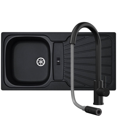 B&Q -  Cmp5Bl 1.0 Bowl Black Kitchen Sink With Ct453Mb Black Pull Out Tap