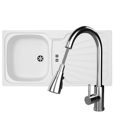 B&Q -  Cmp5Wh 1.0 Bowl White Kitchen Sink With Kpo11Ch Chrome Pull Out Tap