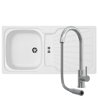 B&Q -  Cmp5Wh 1.0 Bowl White Kitchen Sink With Ct452Ch Chrome Pull Out Tap