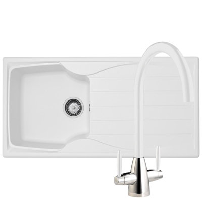 B&Q -  Cmp10Wh 1.0 Bowl White Kitchen Sink With Lc02Wh White Mixer Tap