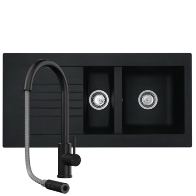 B&Q -  Kav150Bl 1.5 Bowl Composite Black Kitchen Sink And Ct453Mb Black Tap