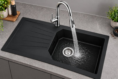Liquida AGV100BL 1 Bowl Black Kitchen Sink With Pull Out Chrome Kitchen Tap - Image 3