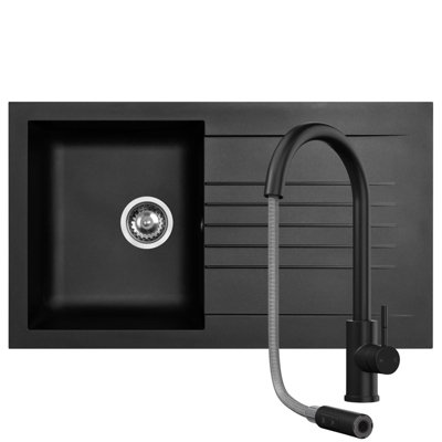 Liquida Kavl860Bl 1.0 Bowl Composite Black Kitchen Sink And Ct453Mb Black Tap from B&Q