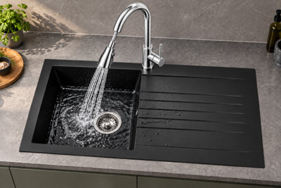 Liquida KAVL860BL 1 Bowl Composite Black Kitchen Sink And KPO11CH Chrome Tap - Image 3