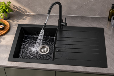 Liquida KAVL860BL 1.0 Bowl Composite Black Kitchen Sink And EPO11MB Black Tap - Image 3