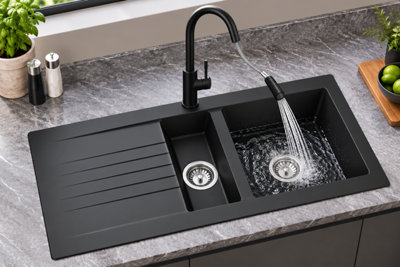 Liquida KAV150BL 1.5 Bowl Composite Black Kitchen Sink And EPO11MB Tap - Image 2