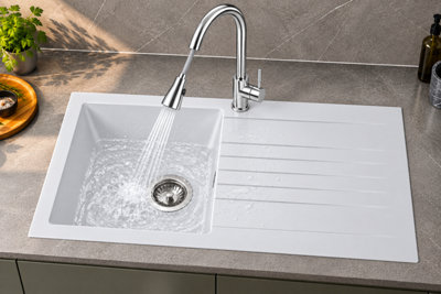 Liquida KAVL860WH 1.0 Bowl Composite White Kitchen Sink And KPO11CH Chrome Tap - Image 3