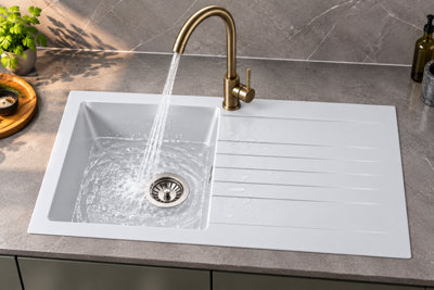 Liquida KAVL860WH 1 Bowl White Kitchen Sink And VT65AB Antique Brass Tap - Image 2