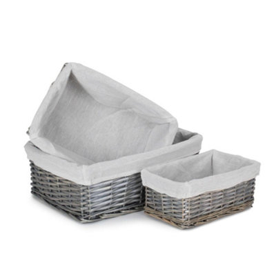 B&Q -  St071W Wicker Set Of 3 Antique Wash Storage Basket With Lining