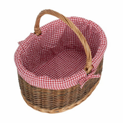 Hamper C083l Wicker Large Checked Lined Country Oval Shopping Basket Red