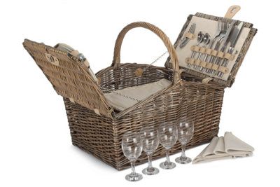 B&Q -  Fh021 Wicker Deluxe Retro Double Lidded 4 Person Fitted Picnic Basket