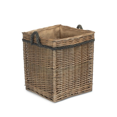 Square Willow Log Basket (LxWxH) 30x30x35 Antique Wash Lined Storage Home Decor - Image 3