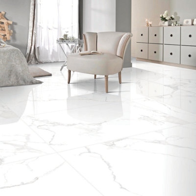 Plum&Clay Lacey Polished White Marble Effect Porcelain Wall & Floor Tile Pack Of 32 Tiles 23M² (L)600mm (W)1200mm from B&Q