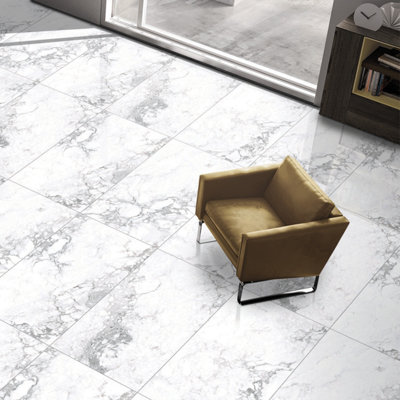 Plum&Clay Verona Gloss White Marble Effect Porcelain Wall & Floor Tile Pack Of 32 Tiles 23M² (L)600mm (W)1200mm from B&Q