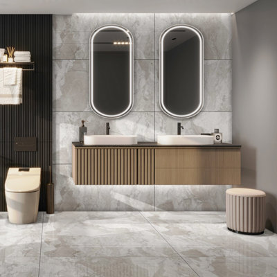 Plum&Clay Santiago Gloss Grey Marble Effect Porcelain Wall & Floor Tile Pack Of 16 Tiles 11M² (L)600mm (W)1200mm from B&Q