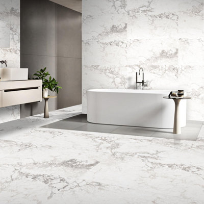 Plum&Clay Verona Gloss White Marble Effect Porcelain Wall & Floor Tile Pack Of 16 Tiles 11M² (L)600mm (W)1200mm from B&Q