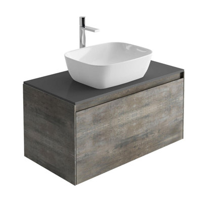 Plum&clay Rigel Metallic Wall Hung Bathroom Vanity Unit With Black Worktop (W)900mm (H)450mm from B&Q