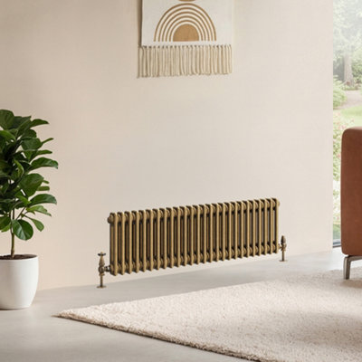 B&Q -  Corwin Rustic Brass Double Column Horizontal Traditional Cast Iron Style Radiator (W)1190mm (H)300mm