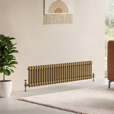 B&Q -  Corwin Rustic Brass Double Column Horizontal Traditional Cast Iron Style Radiator (W)1370mm (H)300mm