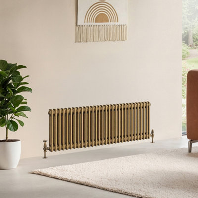 B&Q -  Corwin Rustic Brass Double Column Horizontal Traditional Cast Iron Style Radiator (W)1370mm (H)400mm
