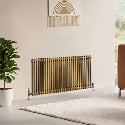 B&Q -  Corwin Rustic Brass Double Column Horizontal Traditional Cast Iron Style Radiator (W)1370mm (H)600mm