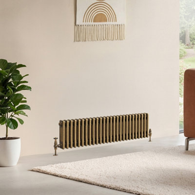 B&Q -  Corwin Rustic Brass Triple Column Horizontal Traditional Cast Iron Style Radiator (W)1190mm (H)300mm
