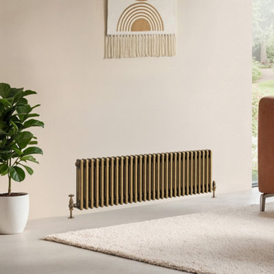 B&Q -  Corwin Rustic Brass Triple Column Horizontal Traditional Cast Iron Style Radiator (W)1370mm (H)400mm