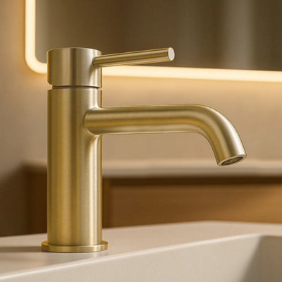 Plum&clay Levi Brushed Gold Round Deck-Mounted Basin Mono Mixer Tap With Waste from B&Q