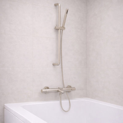 Plum&clay Emilia Brushed Nickel Bath Shower Mixer Tap With Shower Slide Rail Kit & Handset from B&Q