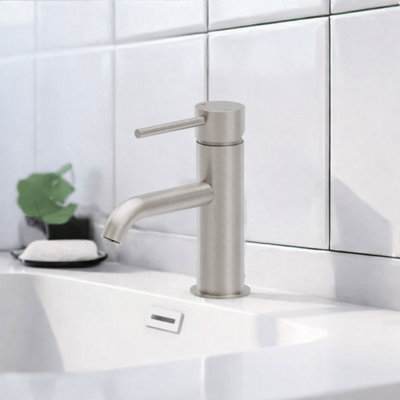 Plum&clay Emilia Brushed Nickel Round Deck-Mounted Basin Mono Mixer Tap With Waste from B&Q
