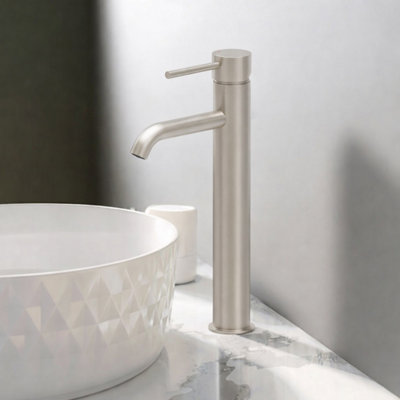 Plum&clay Emilia Brushed Nickel Round Deck-Mounted Tall Basin Mono Mixer Tap from B&Q